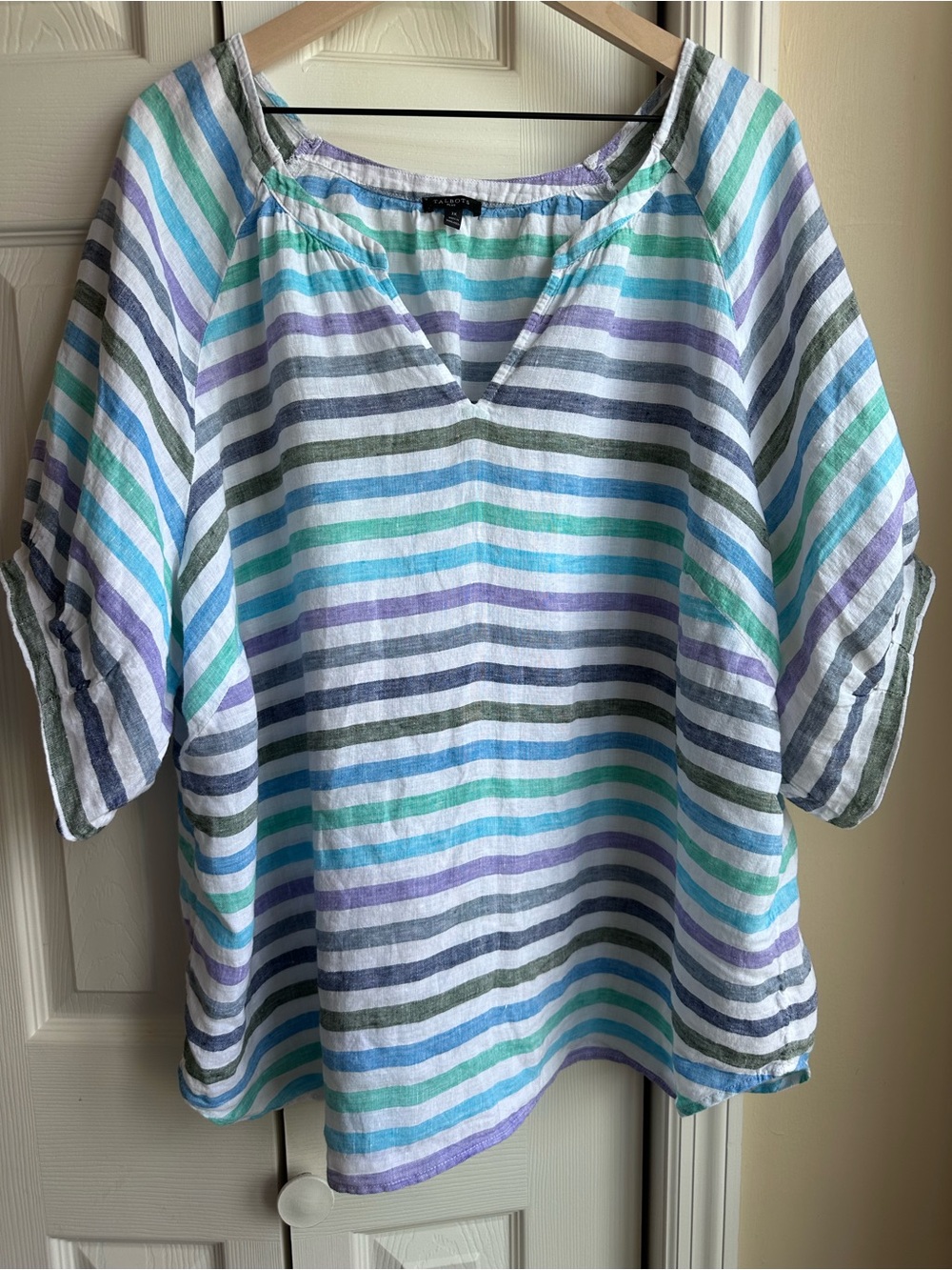 Talbots White Tunic Top with Blue, Teal & Lavender Stripes
